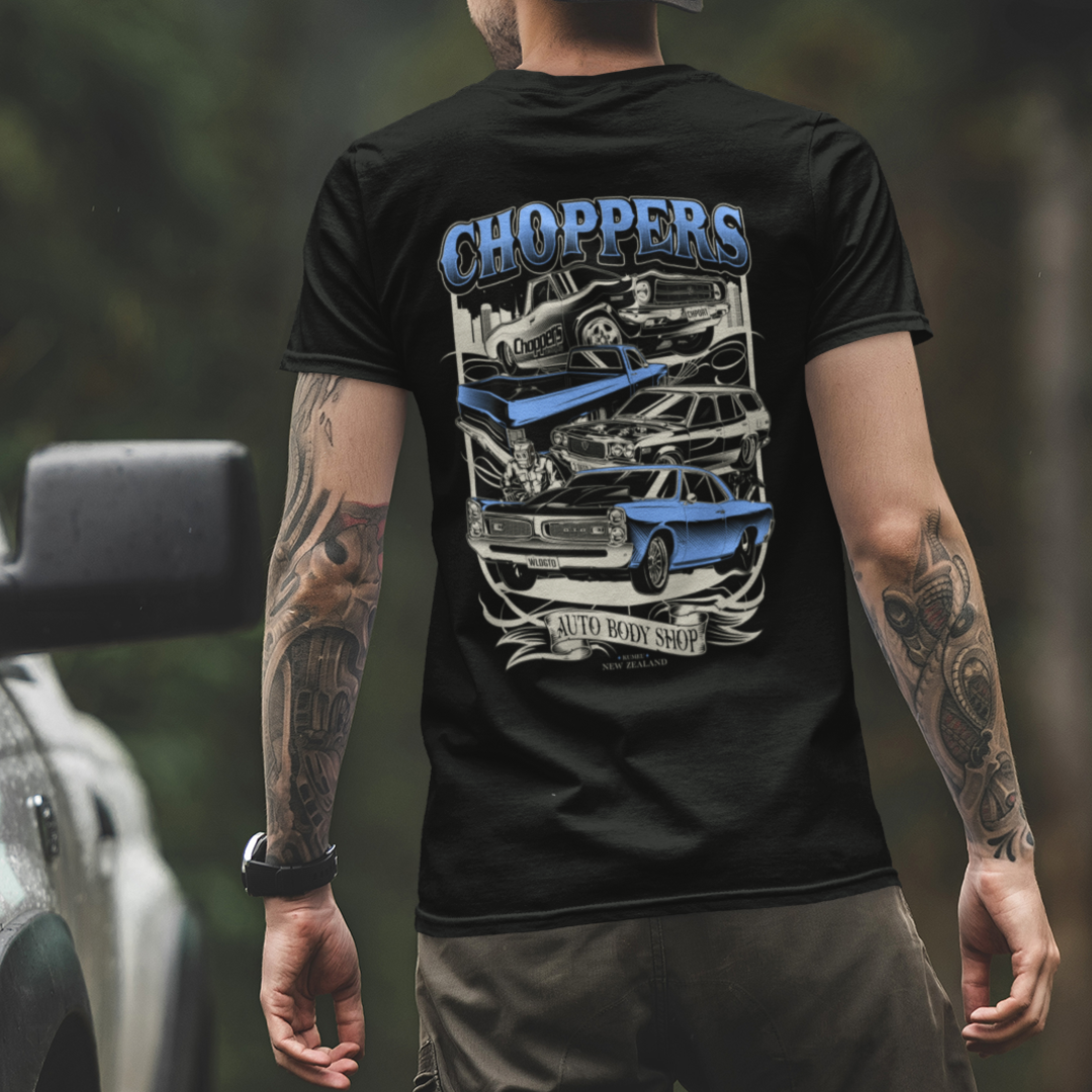 Back view of Choppers Auto Body Shop Tshirts