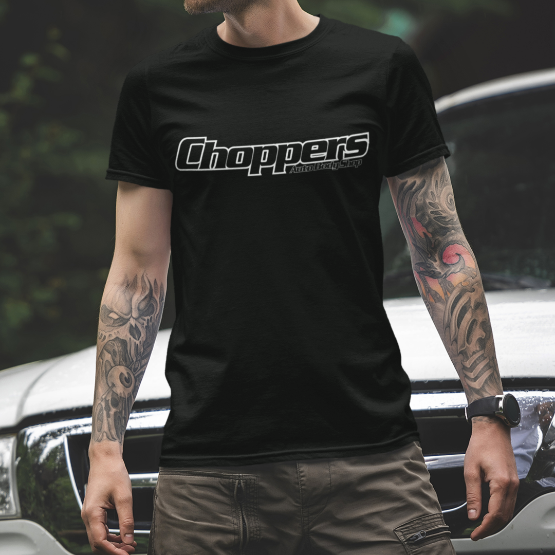 Front view of Choppers Auto Body Shop Tshirts